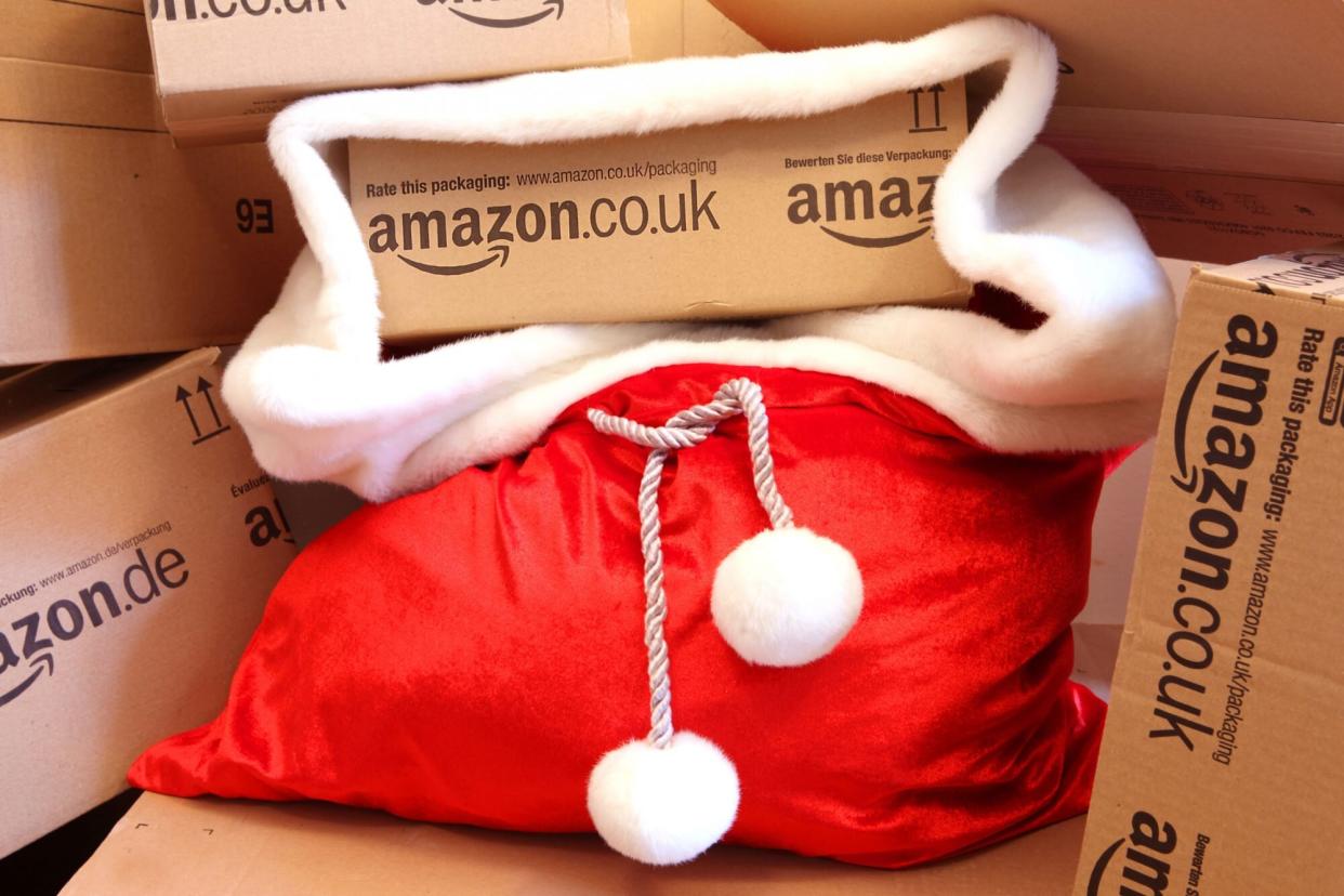 Amazon Boxes with Santa Hat