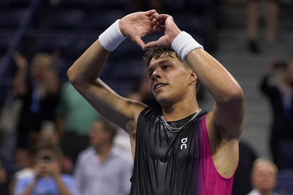 Ben Shelton, of the United States, reacts after defeating Frances Tiafoe, of the United States, during the quarterfinals of the U.S. Open tennis championships, Wednesday, Sept. 6, 2023, in New York. (AP Photo/Charles Krupa)