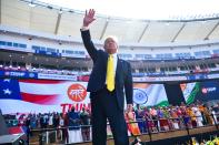 US President Donald Trump waves after attending 'Namaste Trump' rally at Sardar Patel Stadium in Motera, on the outskirts of Ahmedabad, on February 24, 2020. (Photo by Mandel NGAN / AFP) (Photo by MANDEL NGAN/AFP via Getty Images)