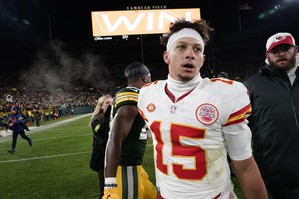 Kansas City Chiefs quarterback Patrick Mahomes (15) walks off the field after an NFL football game against the Green Bay Packers, Sunday, Dec. 3, 2023 in Green Bay, Wis. (AP Photo/Morry Gash)