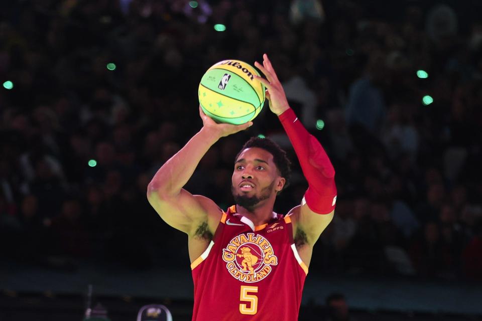 Donovan Mitchell of the Cleveland Cavaliers participates in the 2024 Starry 3-Point Contest during the State Farm All-Star Saturday Night on Feb. 17 in Indianapolis.