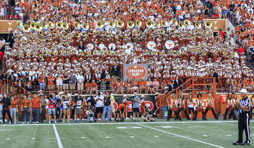 AUSTIN, TX - SEPTEMBER 21: Longhorn band in good form during the NCAA football game between Oklahoma State Cowboys and the Texas Longhorns held September 21, 2019 at the Darrell K Royal-Texas Memorial Stadium in Austin TX. (Photo by Allan Hamilton/Icon Sportswire via Getty Images)