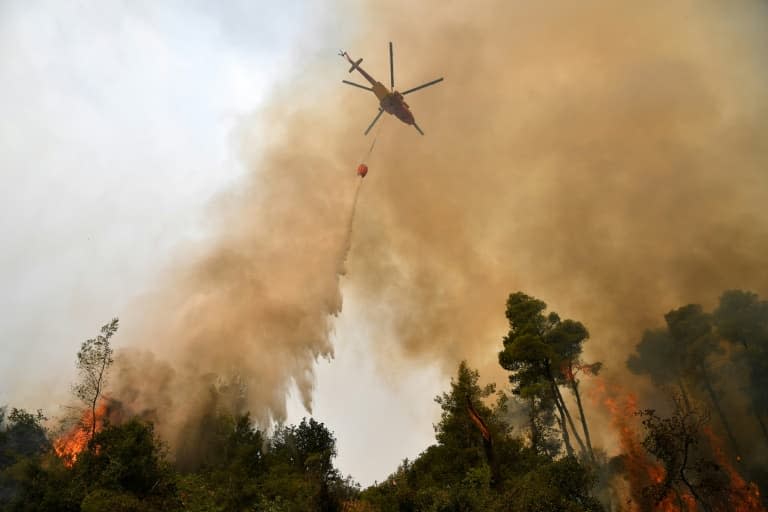 Un hélicoptère largue de l'eau sur un incendie de forêt, le 5 août 2021 près du village de Kechries (Grèce) - LOUISA GOULIAMAKI  © 2019 AFP