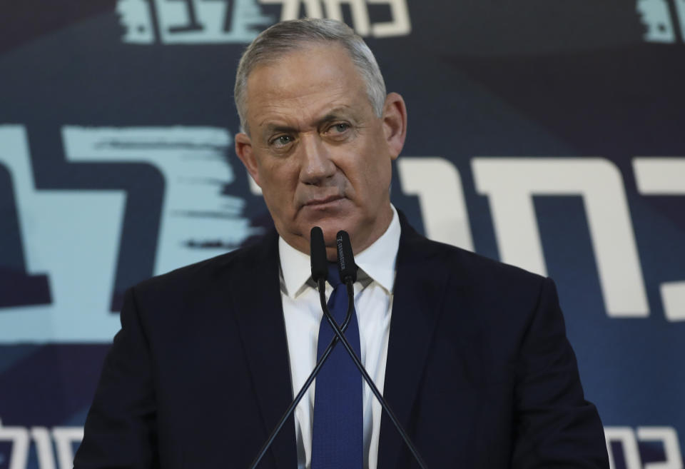 Blue and White party leader Benny Gantz gives a statement for media in Tel Aviv, Israel, Saturday, Nov. 23, 2019. (AP Photo/Oded Balilty)