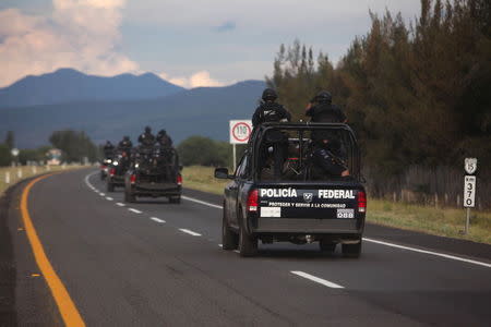 A convoy of federal policemen patrol near a ranch where a gunfight between hitmen and federal forces left several casualties in Tanhuato, state of Michoacan, May 22, 2015. REUTERS/Alan Ortega