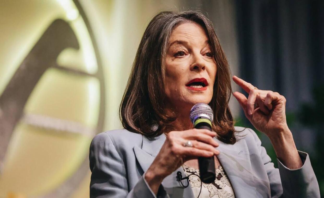 PHOTO: Marianne Williamson speaks to supporters during a campaign event at the Center for Spiritual Living & Unity. Feb. 4, 2024, in Las Vegas.  (Madeline Carter/Las Vegas Review-Journal/Tribune News Service via Getty Images)