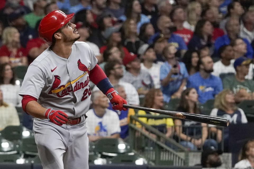 St. Louis Cardinals' Nolan Arenado hits a two-run home run during the first inning of a baseball game against the Milwaukee Brewers Friday, Sept. 3, 2021, in Milwaukee. (AP Photo/Morry Gash)