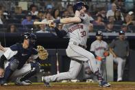 Houston Astros' Kyle Tucker strikes out swinging in the eighth inning of the team's baseball game against the New York Yankees, Friday, June 24, 2022, in New York. (AP Photo/Bebeto Matthews)