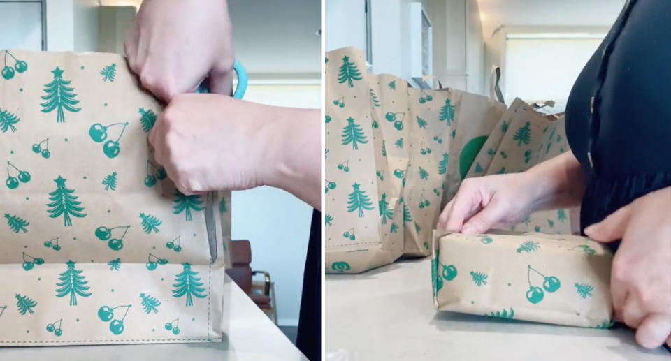 Woolworths bags are cut up by a shopper (left) before wrapping presents with the paper (right). 