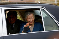 Japan's Empress Michiko waves to well-wishers from a vehicle at Kodomonokuni in Yokohama, south of Tokyo, Japan, April 12, 2019. REUTERS/Issei Kato