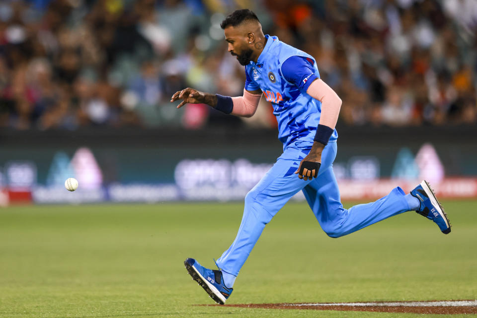 India's Hardik Pandya chases after the ball during the T20 World Cup cricket semifinal between England and India in Adelaide, Australia, Thursday, Nov. 10, 2022. (AP Photo/James Elsby)