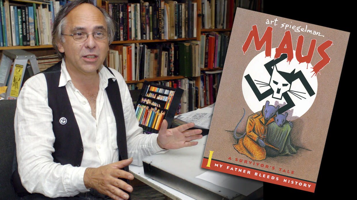 The author and illustrator Art Spiegelman in his studio in 2004 and the cover of his book 