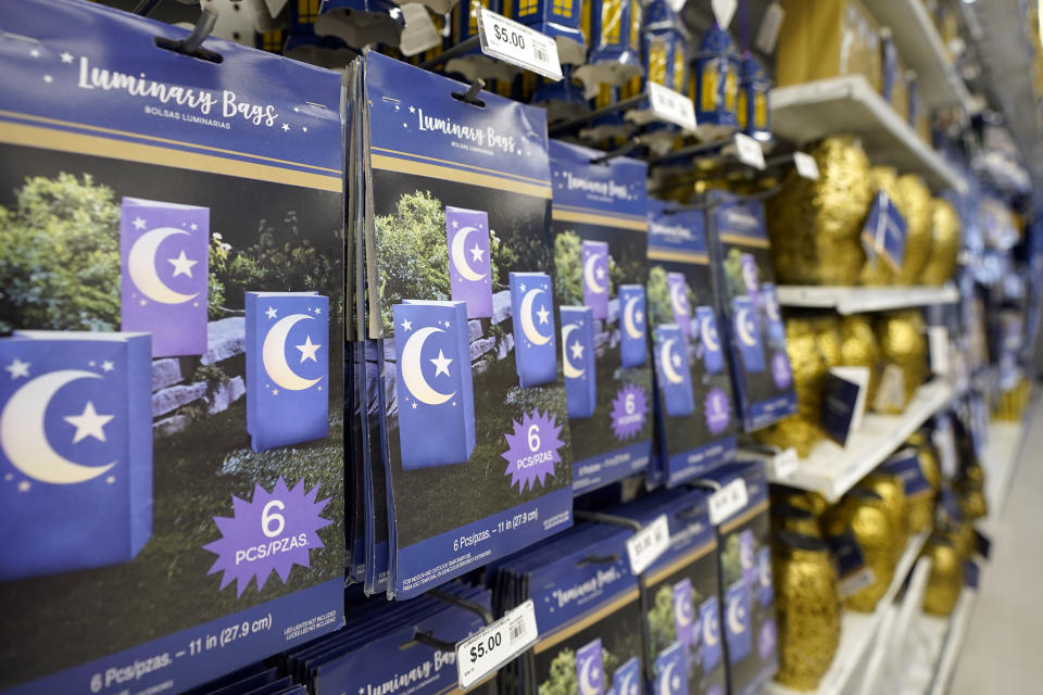 Ramadan decorations are displayed at a Party City store in Dearborn, Mich., on Thursday, March 23, 2023. More businesses are selling Ramadan and Eid items, including DIY kits, lanterns and napkin holders. It's one of the latest signs of big U.S. retailers catering to American Muslim shoppers. Many Muslim Americans enthusiastically welcomed the recognition, applauding those retailers that are making it easier for them to bring their families the cheer that ubiquitously and publicly marks some other faiths' holidays. (AP Photo/Carlos Osorio)