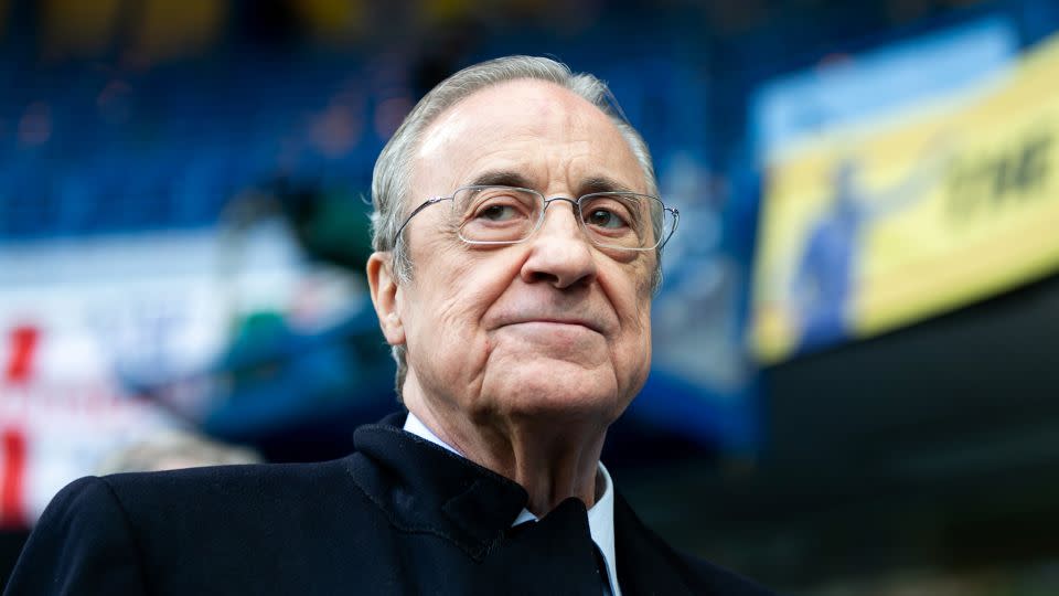 Real Madrid president Florentino Pérez looks on prior to the UEFA Champions League quarterfinal second leg against Chelsea FC at Stamford Bridge on April 18, 2023, in London. - Gaspafotos/MB Media/Getty Images