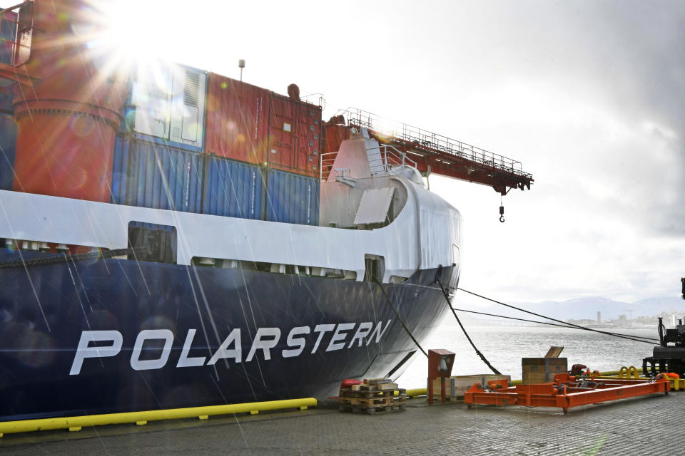 The German icebreaker and research vessel Polarstern at shore in Tromso, Norway, Wednesday Sept. 19, 2019. Scientists from more than a dozen nations are preparing to launch the biggest and most complex research expedition ever attempted in the central Arctic. About 100 researchers will set sail Friday from Tromso, Norway, aboard the German icebreaker Polarstern in an effort to understand how climate change is affecting the Arctic and regions beyond. (Rune Stoltz Bertinussen/NTB Scanpix via AP)