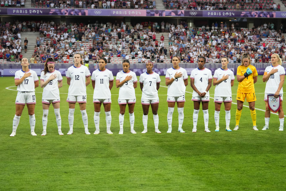 NICE, FRANCE - JULY 25: United States players during the playing of the national anthem before the Women's group B match between United States and Zambia during the Olympic Games Paris 2024 at Stade de Nice on July 25, 2024 in Nice, France. (Photo by Brad Smith/ISI/Getty Images)