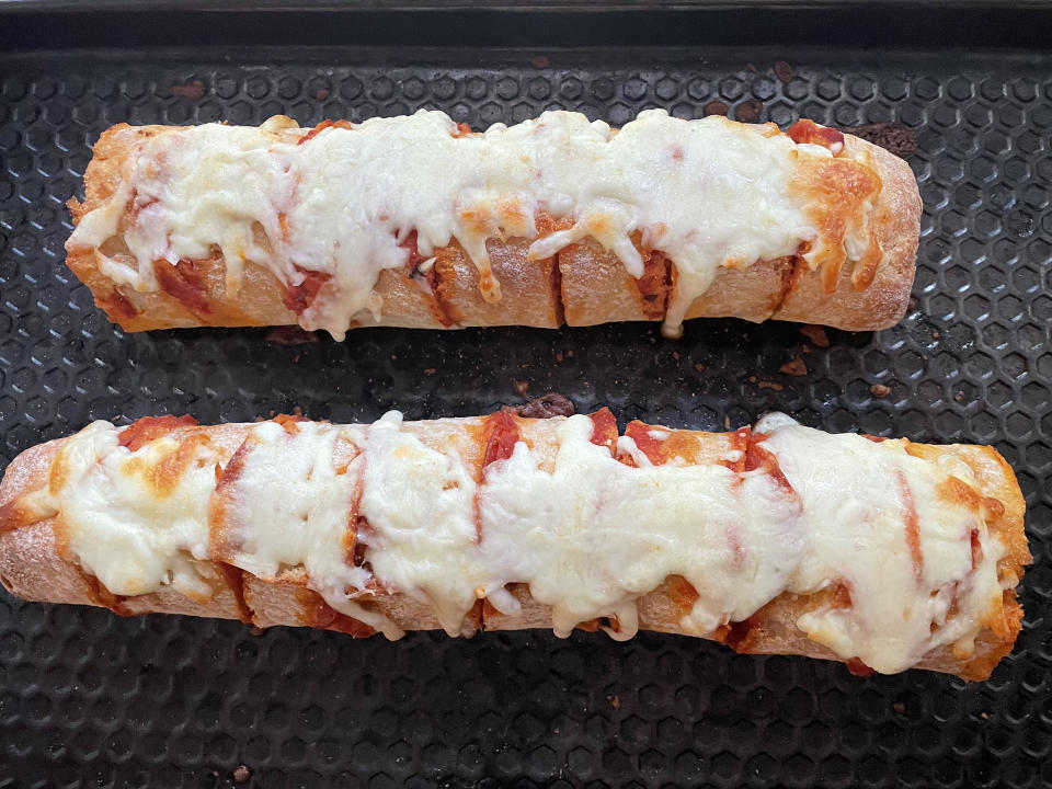 This pizza baguette is crunchy on the outside, soft and fluffy on the inside and oozing with cheese. (Erica Chayes Wida)