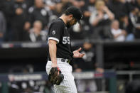 Chicago White Sox pitcher Carlos Rodon plays against the Houston Astros in the third inning during Game 4 of a baseball American League Division Series Tuesday, Oct. 12, 2021, in Chicago. (AP Photo/Nam Y. Huh)