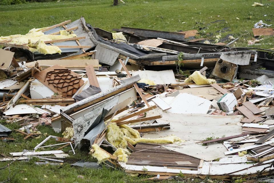 The remains of a mobile home are shown early Monday, May 3, 2021, in Yazoo County, Miss. Multiple tornadoes were reported across Mississippi on Sunday, causing some damage but no immediate word of injuries. (AP Photo/Rogelio V. Solis)