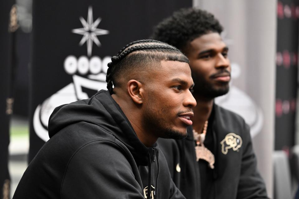 Colorado safety Shilo Sanders speaks to the media Wednesday during Big 12 media days at Allegiant Stadium.