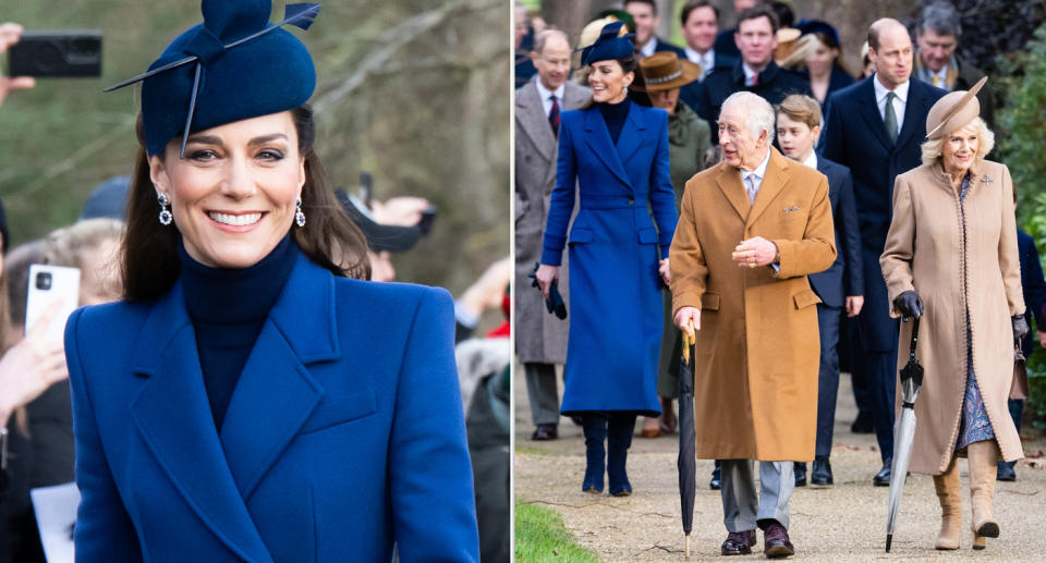Kate Middleton (left) and the royal family leave church at Christmas (right). 