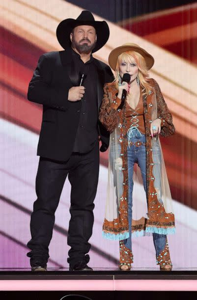 PHOTO: Co-hosts Garth Brooks and Dolly Parton speak during the 58th Academy Of Country Music Awards, May 11, 2023 in Frisco, Texas. (Theo Wargo/Getty Images)