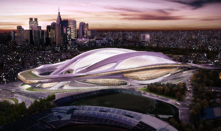 Artist's rendering of the new National Stadium in Tokyo, designed by Iraqi-British architect Zaha Hadid