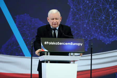 Jaroslaw Kaczynski, leader of the ruling Law and Justice party (PiS), delivers a speech during the party's convention in Szczecin, Poland May 12, 2019. Agencja Gazeta/Krzysztof Hadrian via REUTERS