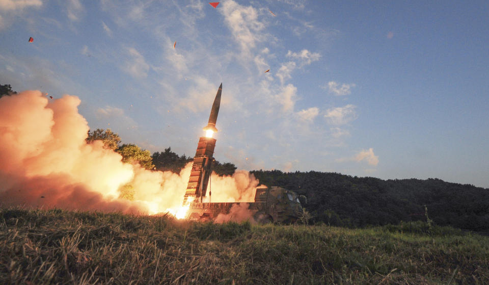 South Korea's Hyunmoo II ballistic missile is fired during an exercise at an undisclosed location in South Korea (South Korea Defense Ministry via AP)