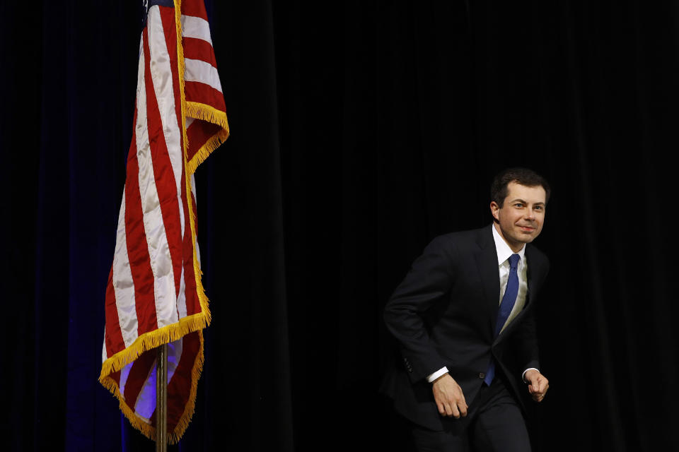 Democratic presidential candidate, former South Bend, Ind., Mayor Pete Buttigieg walks onstage to participate in a candidate forum on infrastructure at the University of Nevada, Las Vegas, Sunday, Feb. 16, 2020, in Las Vegas. (AP Photo/Patrick Semansky)