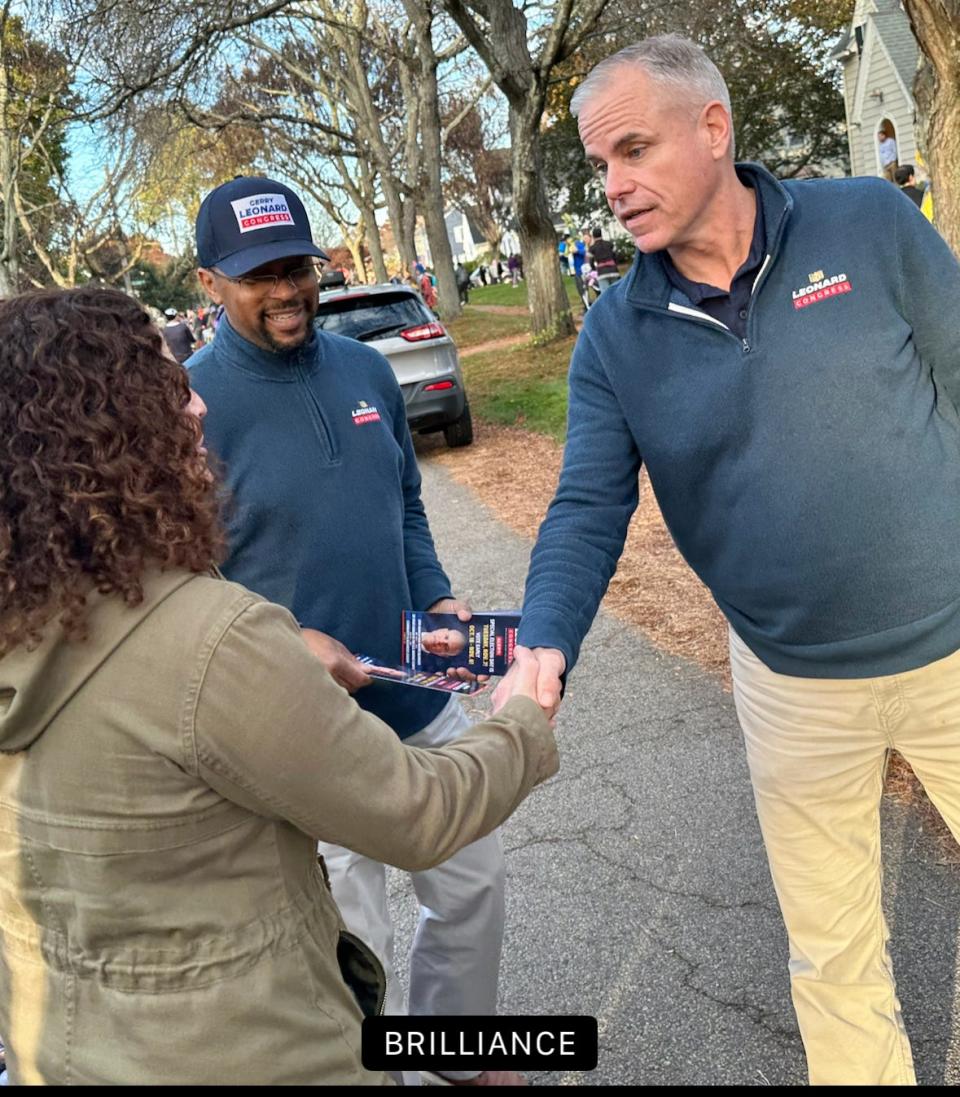 Gerry Leonard, Republican candidate in Rhode Island's 1st Congressional District, shakes hands on the campaign trail last week.