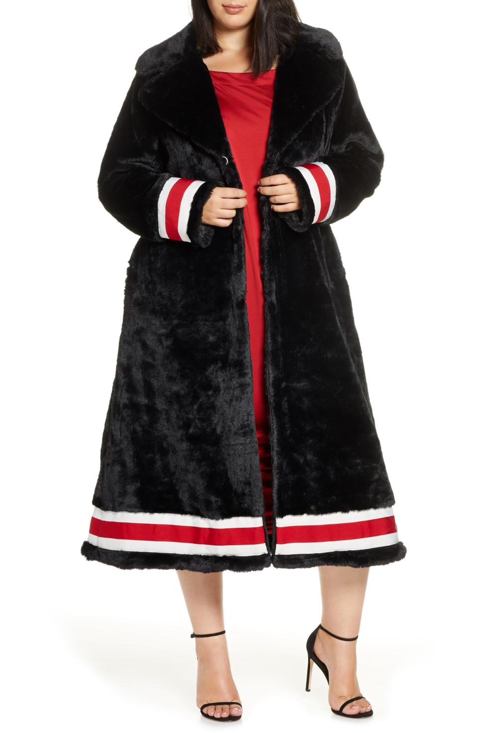 Grosgrain Ribbon Trim Faux Fur Swing Coat