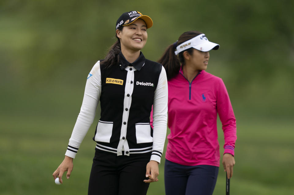 In Gee Chun, of South Korea, reacts after her birdie putt on the fourth green during the second round of the LPGA Cognizant Founders Cup golf tournament, Friday, May 13, 2022, in Clifton, N.J. (AP Photo/John Minchillo)