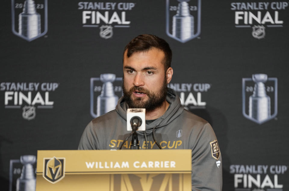 Vegas Golden Knights left wing William Carrier speaks to the media during an NHL hockey news conference Sunday, June 4, 2023, in Las Vegas. (AP Photo/Abbie Parr)