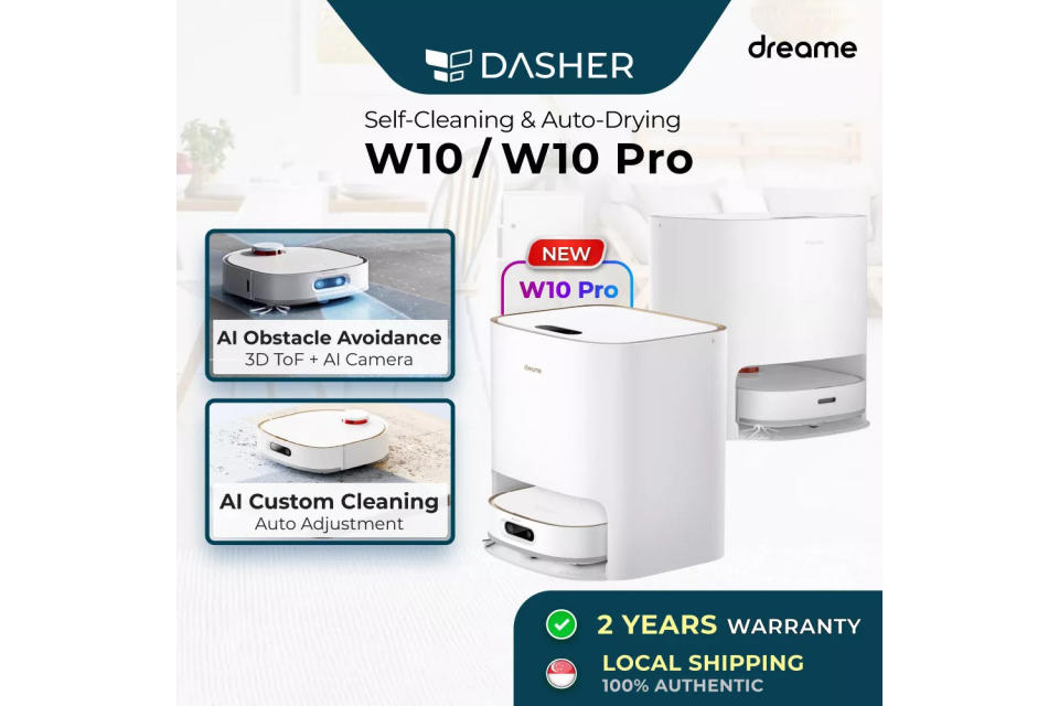 【2 YEARS WARRANTY】 Dreame W10 / W10 Pro Self-Cleaning Robot Vacuum | AI Action | 210 Mins Run Time | 4200 PA Suction. (Photo: Lazada SG)