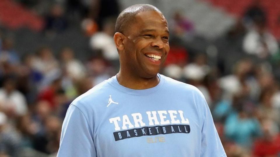 In this 2017 photo, Hubert Davis, now head coach for University of North Carolina Tar Heels, looks on during practice ahead of the NCAA Men’s Basketball Final Four at University of Phoenix Stadium. (Photo by Ronald Martinez/Getty Images)
