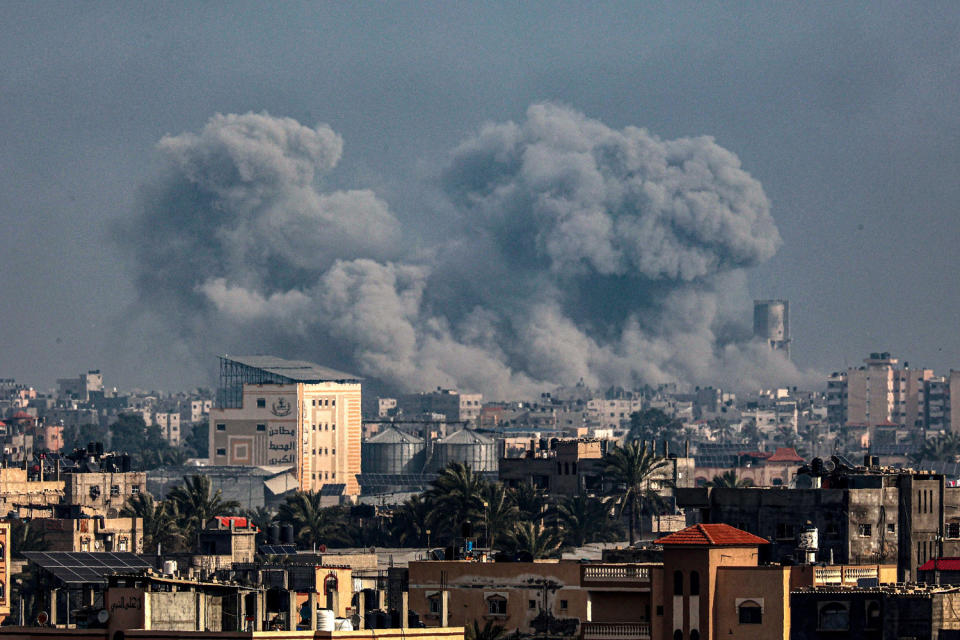 Smoke billows over Khan Younis in the southern Gaza Strip during Israeli bombardment on January 17, 2024. (AFP - Getty Images)