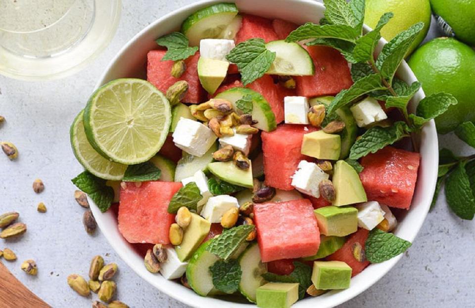 <p>Not only is this flavor-packed salad refreshing, it’s also crazy colorful. Loaded with watermelon, cucumbers, avocado and feta cheese, this amazing side dish <a href="https://www.thedailymeal.com/easy-dishes-one-hour?referrer=yahoo&category=beauty_food&include_utm=1&utm_medium=referral&utm_source=yahoo&utm_campaign=feed" rel="nofollow noopener" target="_blank" data-ylk="slk:takes less than an hour to make;elm:context_link;itc:0;sec:content-canvas" class="link ">takes less than an hour to make</a>.</p> <p><a href="https://www.thedailymeal.com/recipes/watermelon-and-cucumber-salad-recipe-0?referrer=yahoo&category=beauty_food&include_utm=1&utm_medium=referral&utm_source=yahoo&utm_campaign=feed" rel="nofollow noopener" target="_blank" data-ylk="slk:For the Watermelon and Cucumber Salad recipe, click here.;elm:context_link;itc:0;sec:content-canvas" class="link ">For the Watermelon and Cucumber Salad recipe, click here.</a></p>