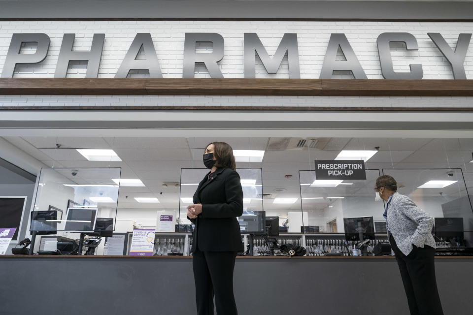 WASHINGTON, DC - FEBRUARY 25: U.S. Vice President Kamala Harris visits the pharmacy of a Giant Foods grocery store to promote the Biden Administrations Federal Retail Pharmacy Program for COVID-19 vaccination on February 25, 2021 in Washington, DC. Over 50 million doses of coronavirus vaccines have been administered so far in the United States. (Photo by Drew Angerer/Getty Images)