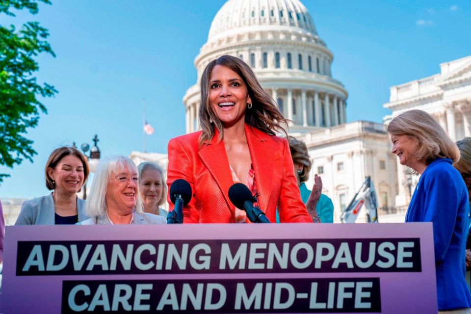 PHOTO: Halle Berry joins senators as they introduce new legislation to boost federal research on menopause, at the Capitol, May 2, 2024.  (J. Scott Applewhite/AP)