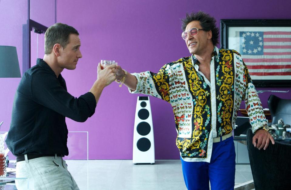 This photo released by Twentieth Century Fox shows Michael Fassbender, left, as The Counselor, and Javier Bardem, as Reiner, in the film, "The Counselor." (AP Photo/Copyright Twentieth Century Fox, Kerry Brown)