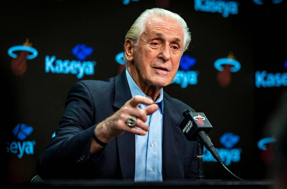 Miami Heat President Pat Riley speaks to the media during the season ending news conference at the Kaseya Center on Tuesday, June 20, 2023, in Miami. (Jose A. Iglesias/El Nuevo Herald/Tribune News Service via Getty Images)