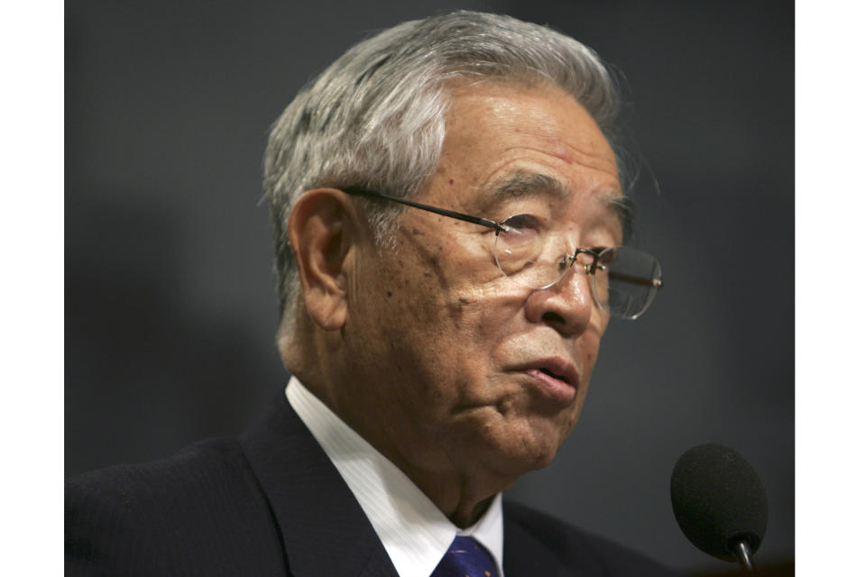 FILE - Toyota's Shoichiro Toyoda makes remarks at the Woodrow Wilson Center for Scholars in Washington, Wednesday, Sept. 12, 2007, during a forum on the Toyota Motor Corp. and the U.S., past and future. Toyoda, who as a son of the company's founder oversaw Toyota's expansion into international markets has died. He was 97. (AP Photo/Lawrence Jackson, File)