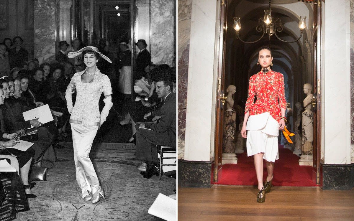 Dior's first show at Blenheim Palace, 1954, left, and Dior's third show at Blenheim, 2016, right