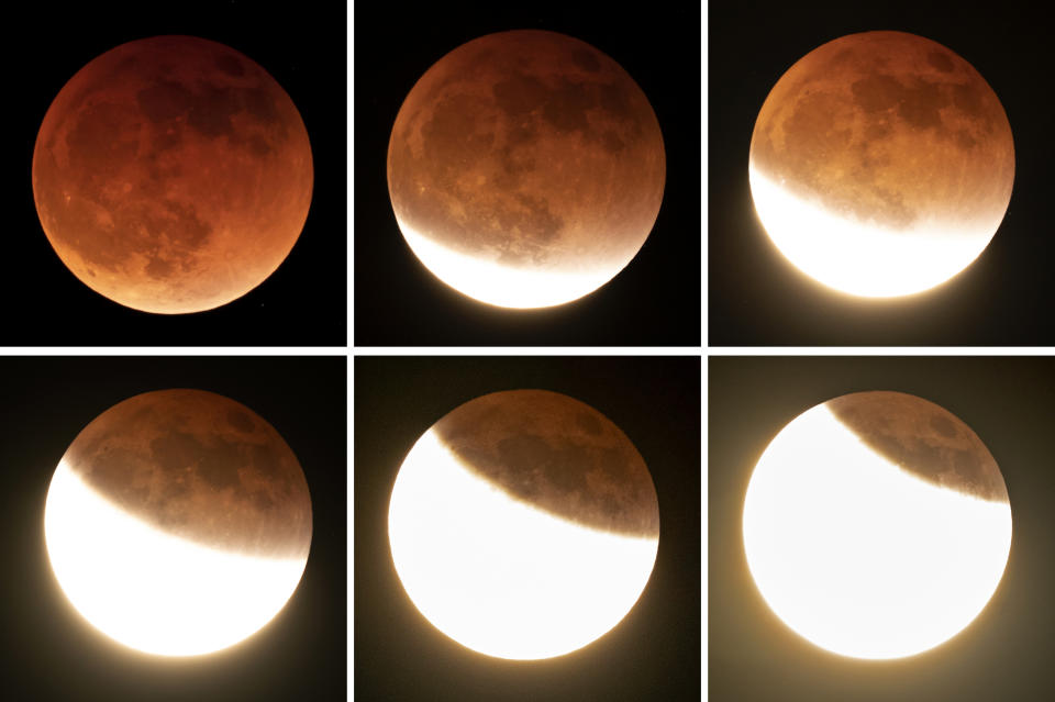 In this combination of photos, the moon is shines during a full lunar eclipse, upper left, and then at various stages as it emerges from the earth's shadow, Sunday, May 15, 2022, near Moscow, Idaho. The orange color of the moon is caused by the Moon passing into the shadow of the Earth. (AP Photo/Ted S. Warren)