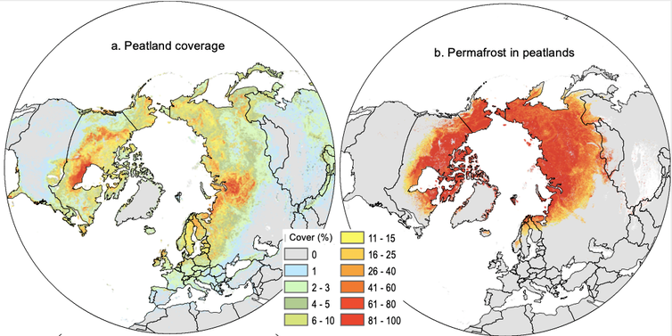 Maps showing the location of northern peatlands and permafrost.