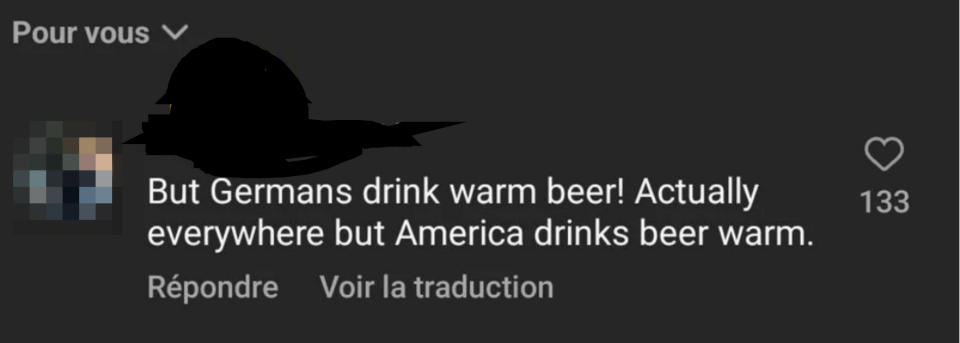 Social media screenshot of a comment saying "But Germans drink warm beer! But everywhere but America drinks beer warm."