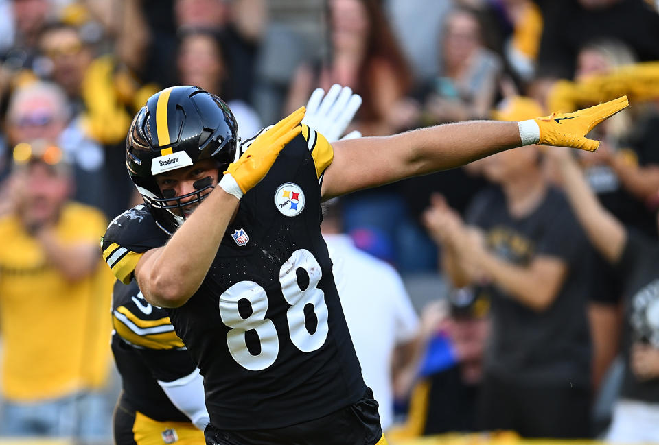 Pittsburgh Steelers tight end Pat Freiermuth has put up good numbers despite subpar quarterback play the last two years. This season, he could really thrive. (Photo by Joe Sargent/Getty Images)