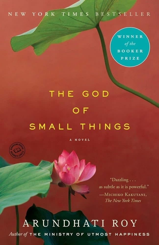 Cover of "The God of Small Things" by Arundhati Roy, featuring title and a lotus flower
