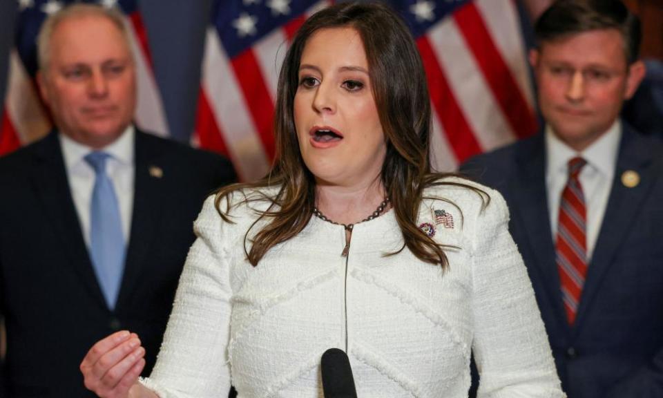 Elise Stefanik speaks to the media after a Republican caucus meeting.